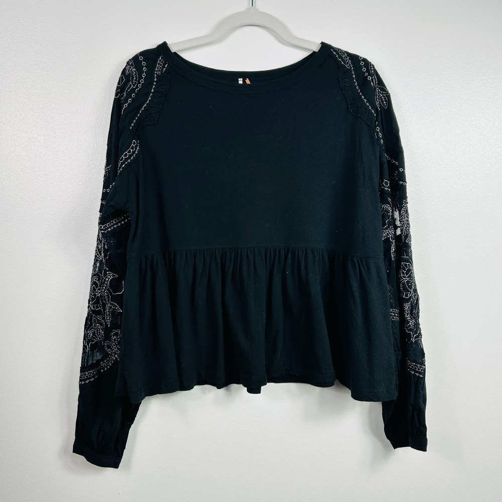 Free People Black Penny Tee Blouse Lace Embroidered Sleeves Size XS
